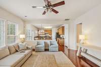 Open concept with just a smidgen of separation so you don't have "floating coach" issues.