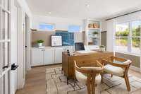 Downstairs secondary bedroom can also be used as an office. Homesite 46 has a traditional doorframe.  *Photos are of previous model home of the same floor plan with different finishes and are for representational purposes only.*