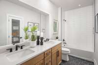 Shared hall bath with dual vanity sinks