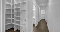 LOOK AT THIS PANTRY!  Custom built in shelves for all of your kitchen related items!  This hallway leads to the tucked away powder room, the laundry room with a sink, a huge storage closet, and the garage