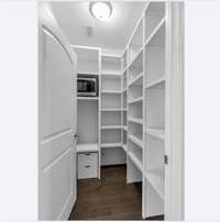 This pantry is large enough for small appliances, extra dishes, all the food, maybe even a coffee station!  Microwave stays.