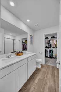 Spacious walk-in closet is at the end of the owners' bathroom.