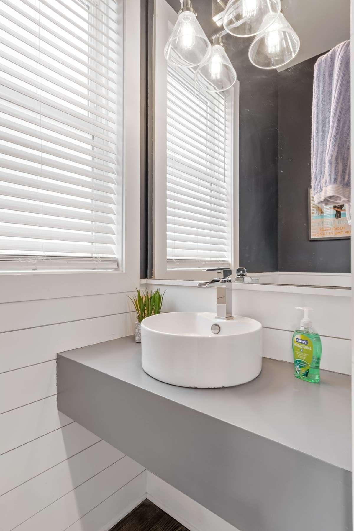 Powder room off the kitchen. Love the shiplap!