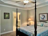 The primary bedroom is connected to a large bathroom.