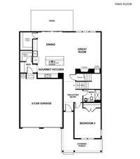 The 1st floor of the "Coronado" offers a spacious main living area featuring an eat-in gourmet kitchen and a great room with a gas fireplace. The 1st floor also includes a guest bedroom and full bathroom, perfect for multigenerational living.