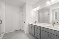 Primary en-suite bath with double vanity and beautiful tile! Primary bath also features a separate water closet and linen closet!