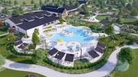This is the artist’s rendering for the resort-style pool with cabanas and park area! Note the Tennessee state flag logo in the pool and the guitar-shaped park just beyond the pool near the Amphitheater.