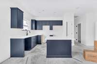 Custom cabinetry with quartz counters, stainless steel appliances and pantry