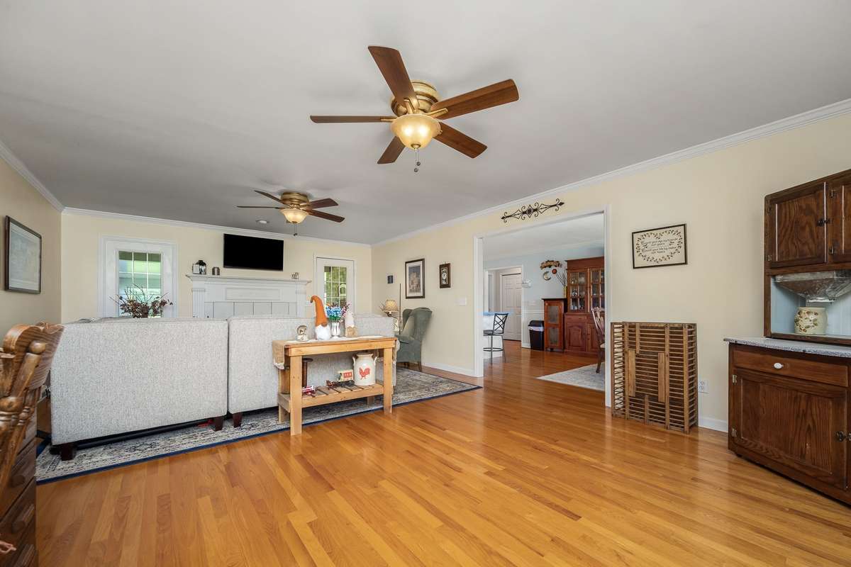 Hardwood flooring in the living area.
