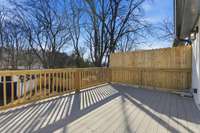 Brand-new Trex deck provides low-maintenance outdoor living for dining, relaxing, or hosting gatherings.