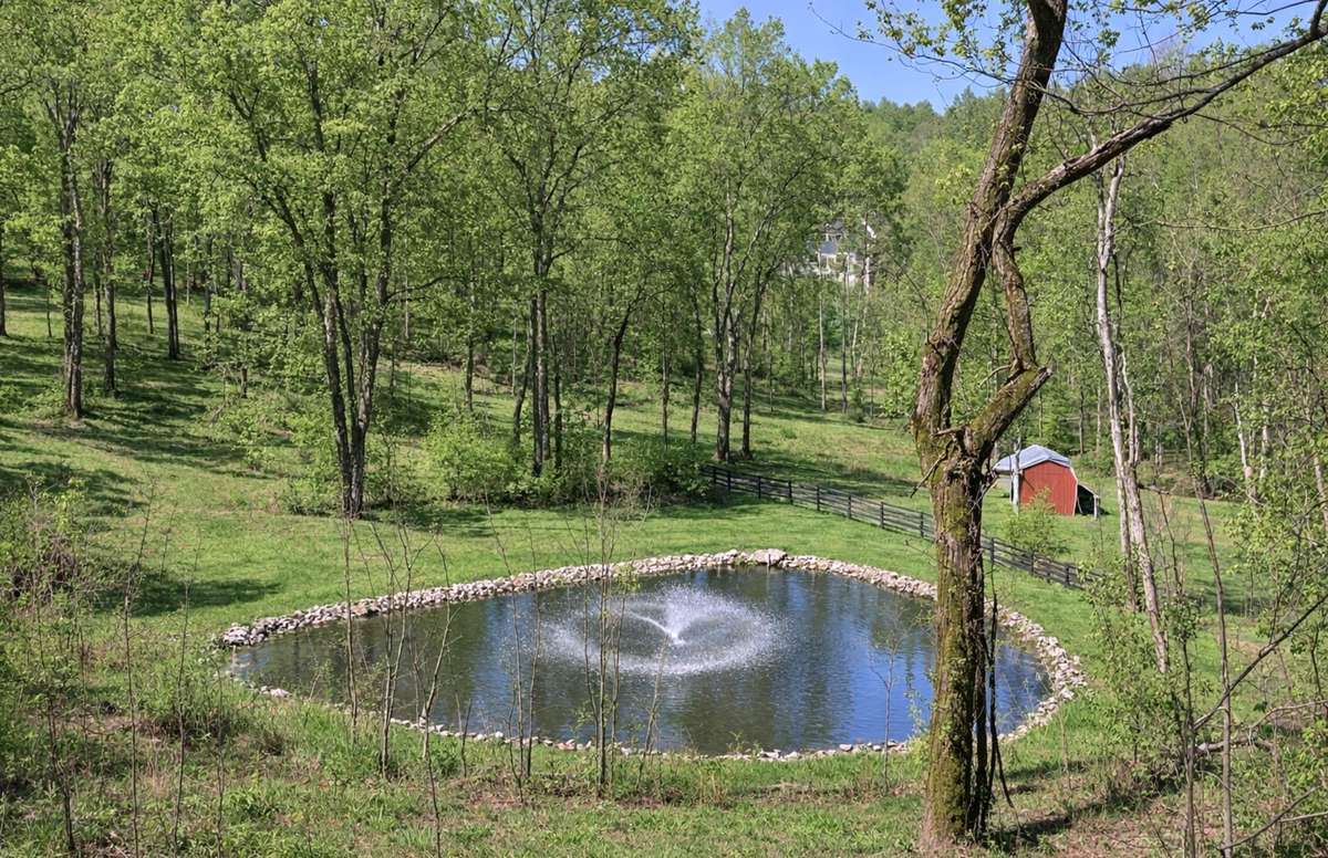 Stocked pond set within the property’s natural landscape