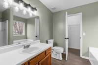 The primary bath showcases stained wood cabinetry, a black matte light fixture, and a combination of brushed nickel and chrome hardware for a sophisticated, mixed-metal aesthetic.