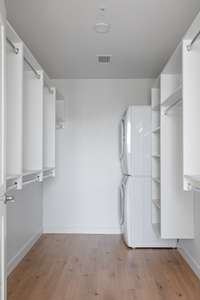 The full-size stackable Electrolux washer and dryer are included and located in the oversized closet—one of the largest of any one-bedroom floor plan at Pullman.