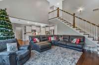 Beautiful hardwood stairs with wood railing.