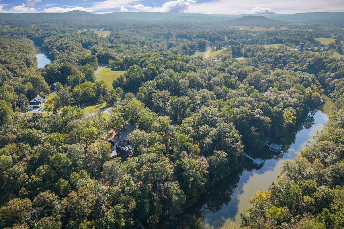 An aerial view of the back of the land and the Rocky River