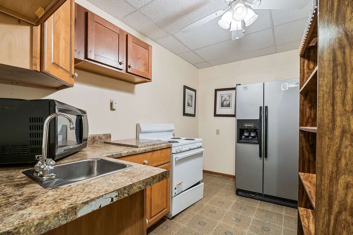 The downstairs kitchen appliances will also remain with the home.