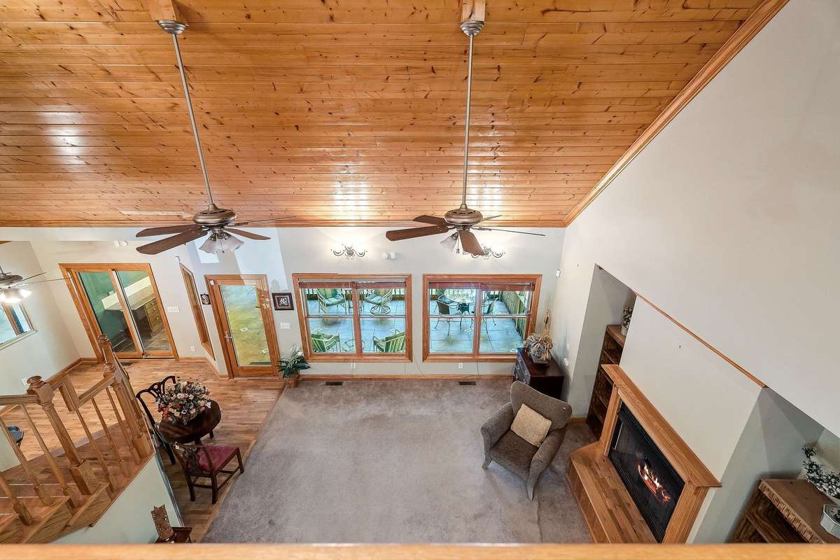 The view from the upstairs landing overlooking the living room.