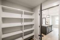 Custom shelving in laundry provides great pantry storage~