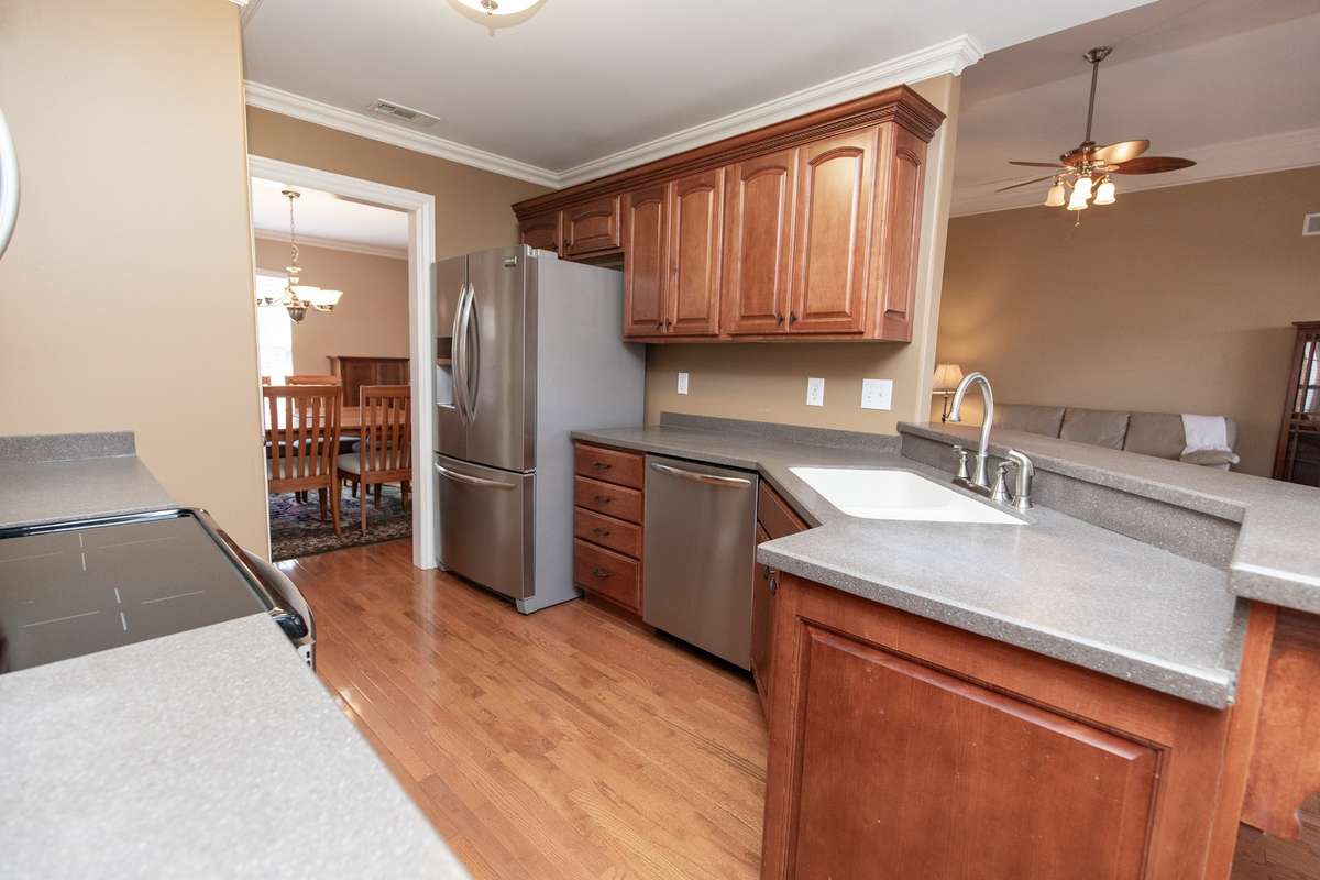 The kitchen is laid out very efficiently and looks into the family room