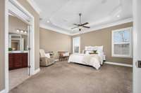 The primary bedroom is a spacious 19x18 in size and features large windows, transom door ways, trey ceiling, ceiling fan, surround sound and recessed lighting.