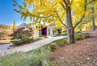 Curved concrete drive bordered by stone walls and curated plantings including Bonsai trees.
