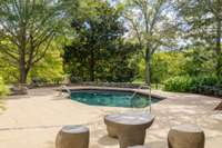 Gunite saline swimming pool set within a private, tree-lined terrace designed for quiet relaxation and entertaining.