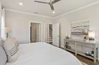 Tucked in the rear on the main level, retreat to the tranquil primary suite with large bath + walk-in closet...