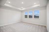 This spacious master bedroom provides a serene retreat, featuring a tray ceiling with recessed lighting that enhances both height and ambiance.