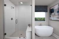 ***Photo taken from previously built home - options and colors may vary***

Indulge in the elegance of this owner’s bath featuring a soaking tub and a tiled walk-in shower with built-in seat.