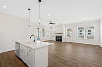 The kitchen has a huge island and open concept with great room on one side and dining space on the other side.