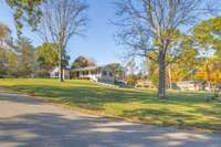 Photo showing the large lot with numerous trees that surround the home