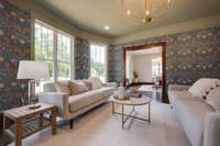 FABULOUS Accent Wallpaper + Color Drenched Ceiling gives a Dramatic look that does NOT Disappoint