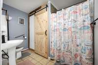 Bathroom # 3 off the bonus room/flex room downstairs. It has a walk-in tiled shower and utility closet.