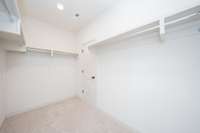 Wood shelving in primary closet