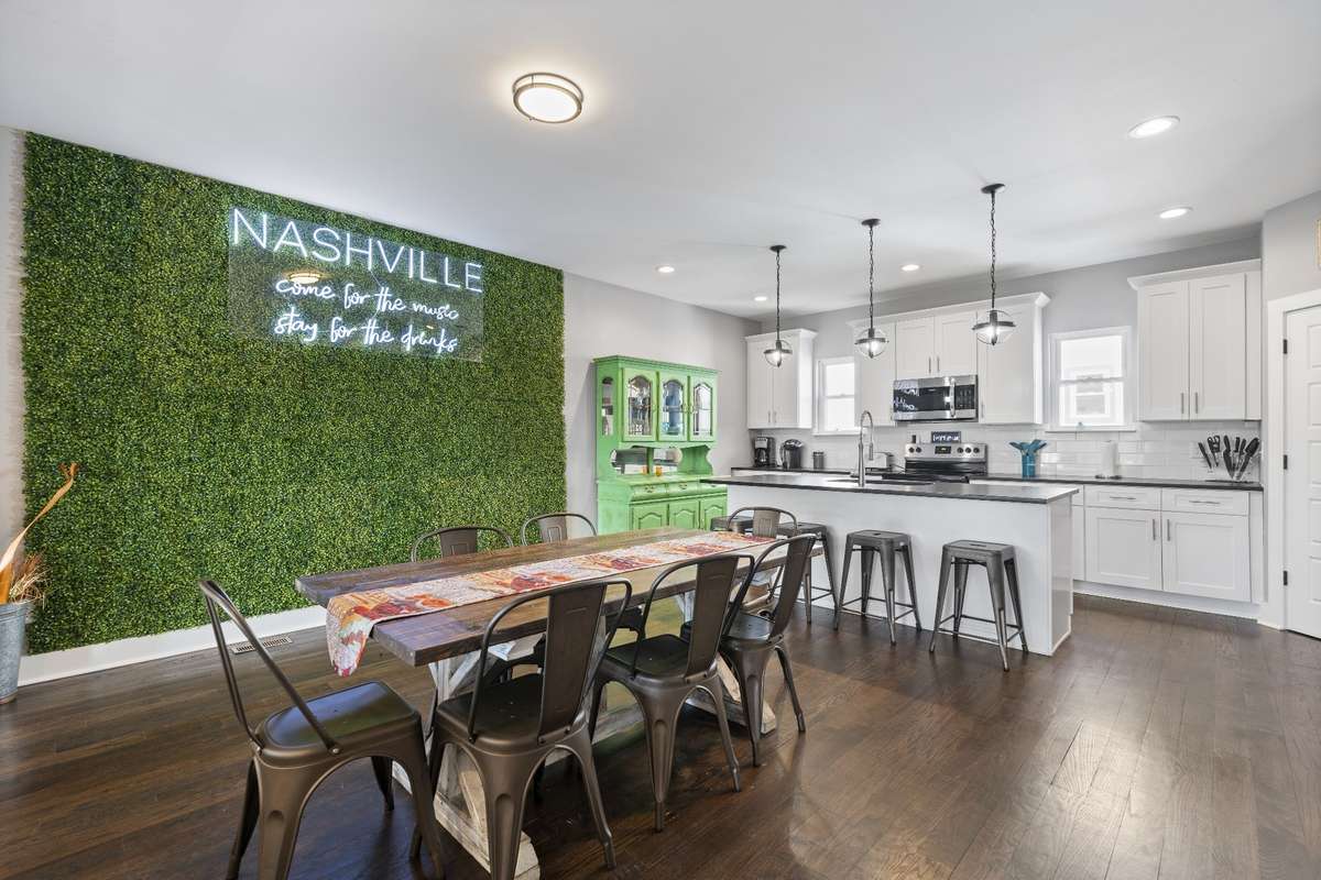 Great dining room space with custom accent wall