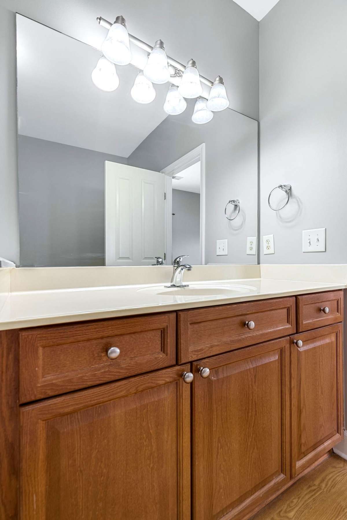The primary bathroom has lots of light and space.