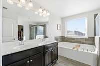 Primary bathroom with separate shower & soaker tub and dual vanity.