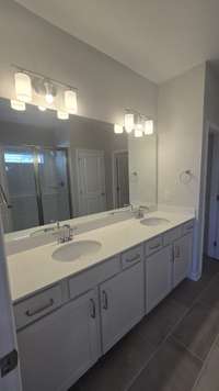 Primary bathroom, double quartz vanities
