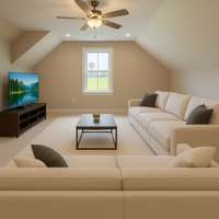 Another angle of huge bonus room with another virtual furniture placement option. It's big enough to have two separate spaces!