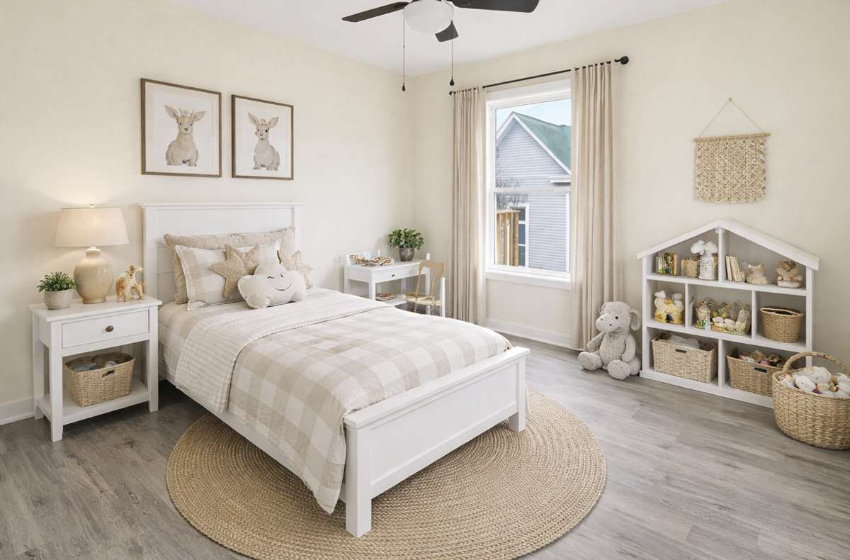 Virtually staged Bedroom 2 - decorated as a child’s room.