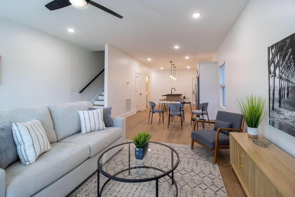 The inviting living area overlooks the back yard.