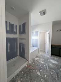 Master ensuite bath with seperate tub and shower and Split Vanities