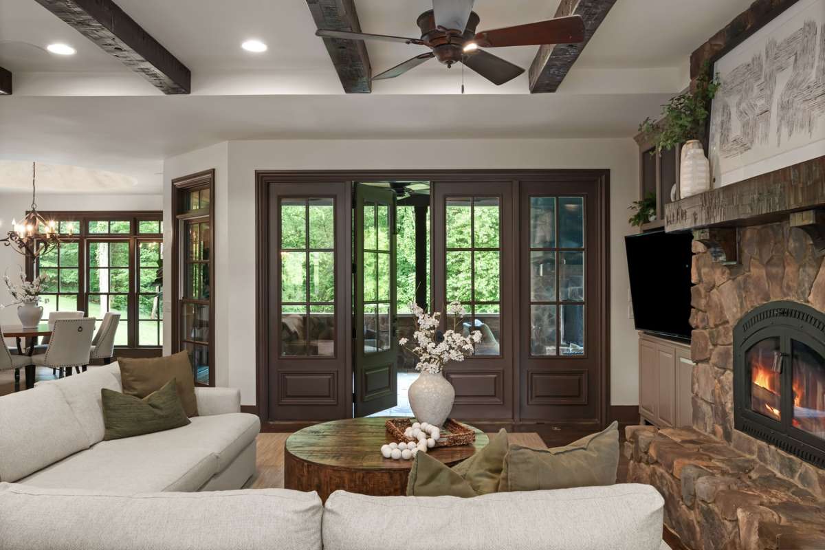 The zero-clearance wood-burning fireplace insert can produce 25,000 BTU as a furnace. Or the doors can be removed to perform as a traditional fireplace. No power, no problem.