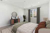 The main-level owner’s suite offers convenience and comfort with a large walk-in closet, separate tub and shower, and peaceful views of the backyard.