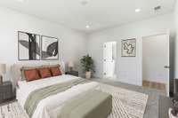 The main-level owner’s suite offers convenience and comfort with a large walk-in closet, separate tub and shower, and peaceful views of the backyard.