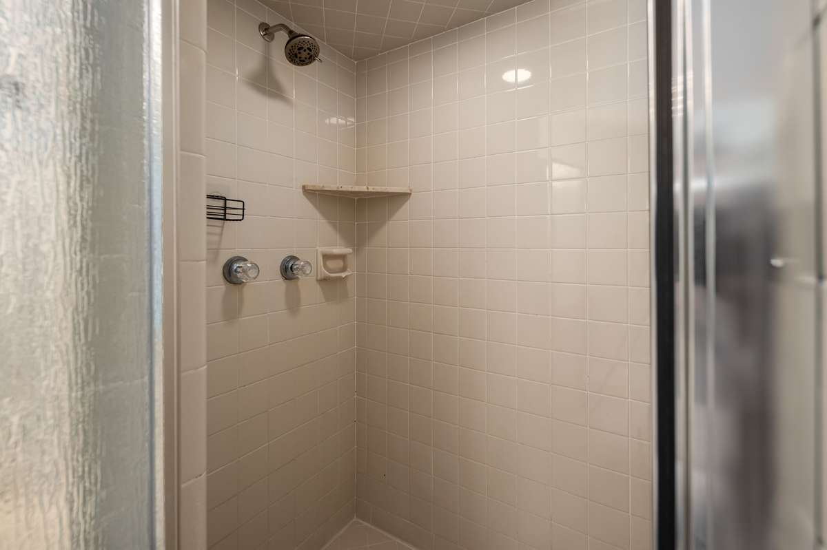 Separate shower has a shelf for storing shampoo, etc.