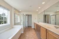 Huge primary bath with garden soaking tub, double vanities with makeup seat.