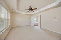 Very large primary bedroom with tray ceiling