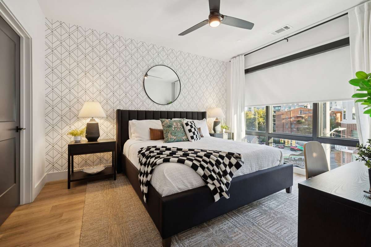Primary Suite with Black-out Blinds, Custom Drapes, Ceiling Fan and TV