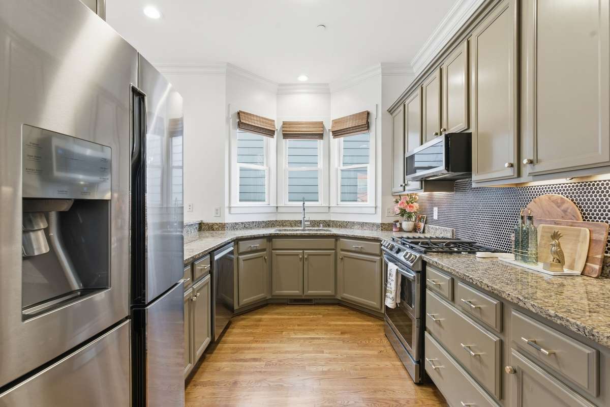 Freshly painted kitchen cabinets.